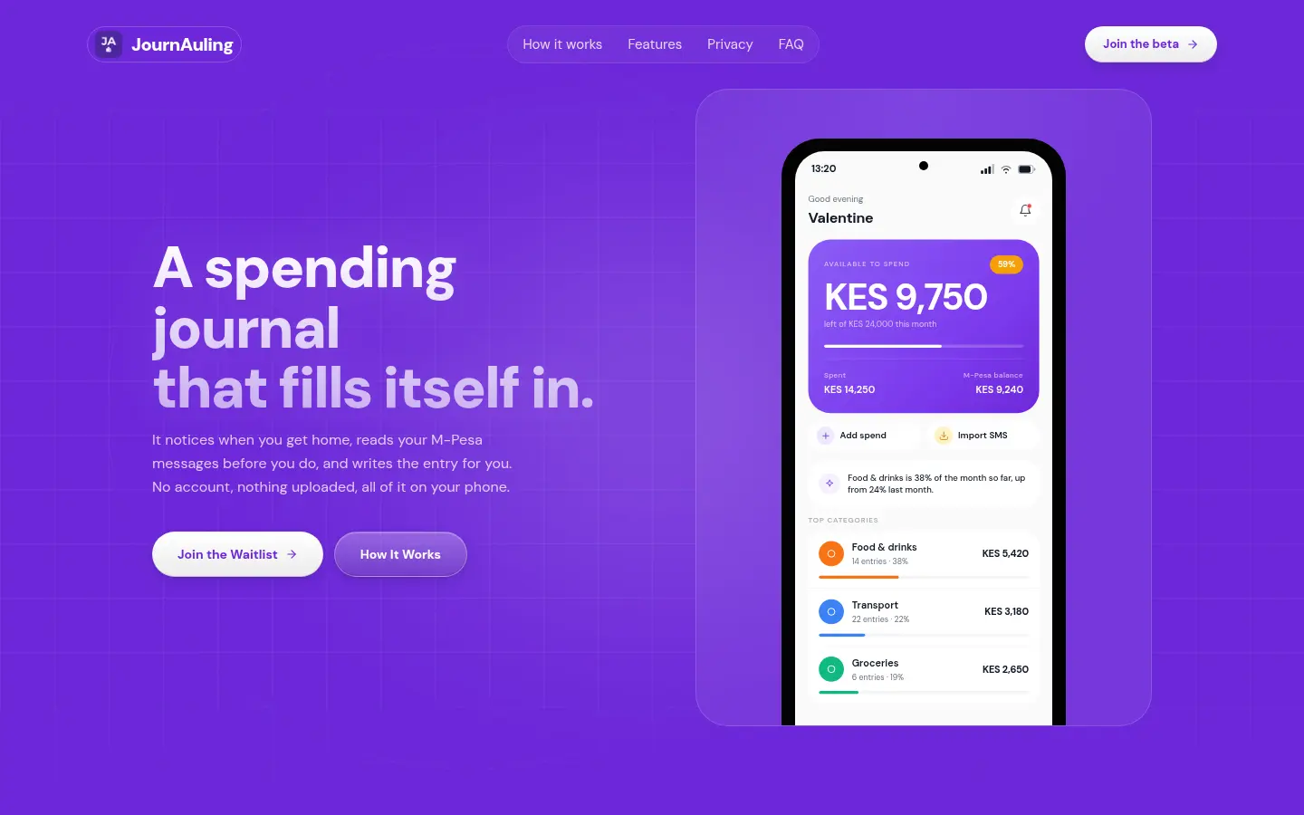 The JournAuling landing page, showing the Android app with a monthly M-Pesa spending summary in Kenya Shillings.