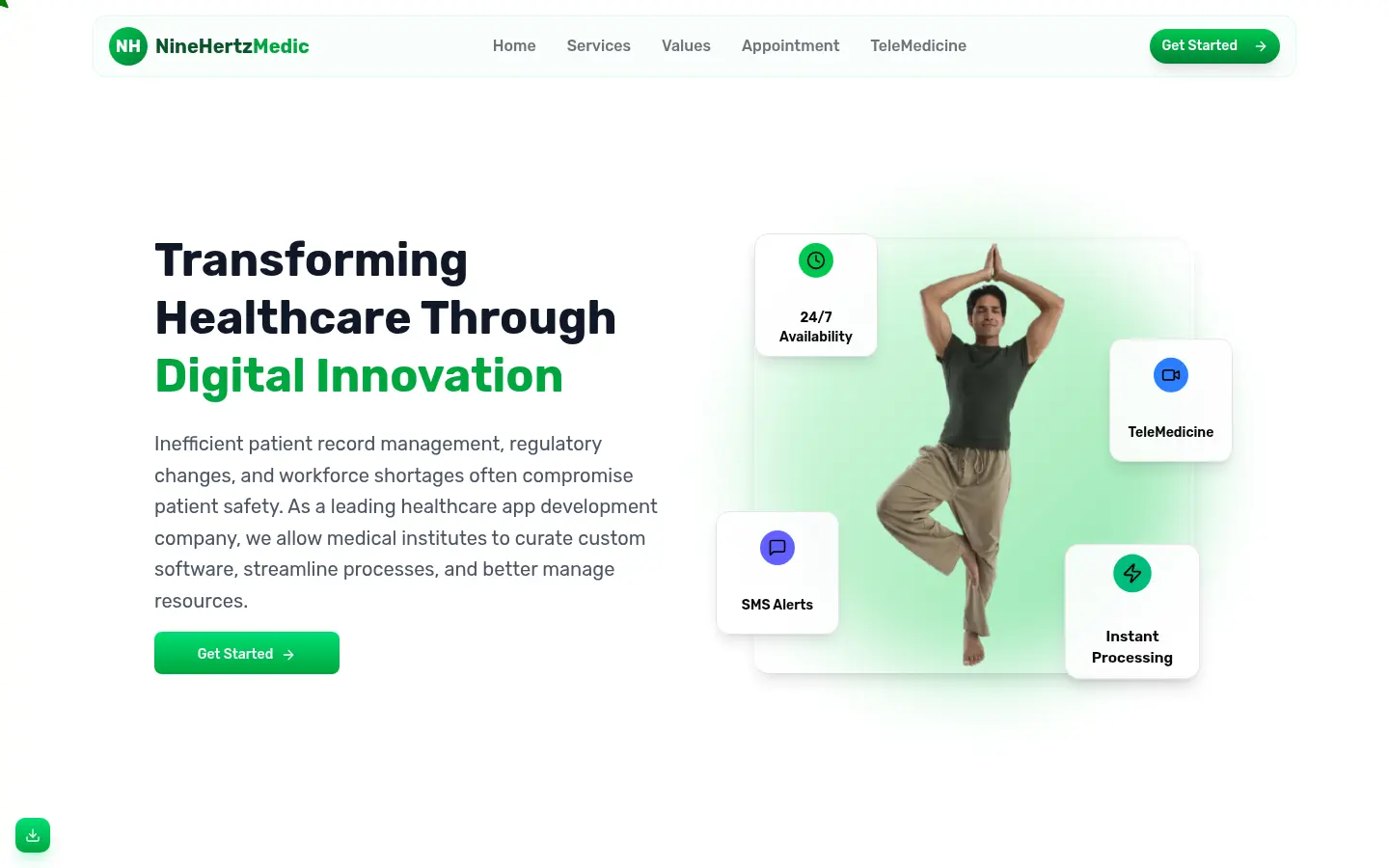 The NineHertz Medic home page, with appointment and telemedicine links in the navigation.