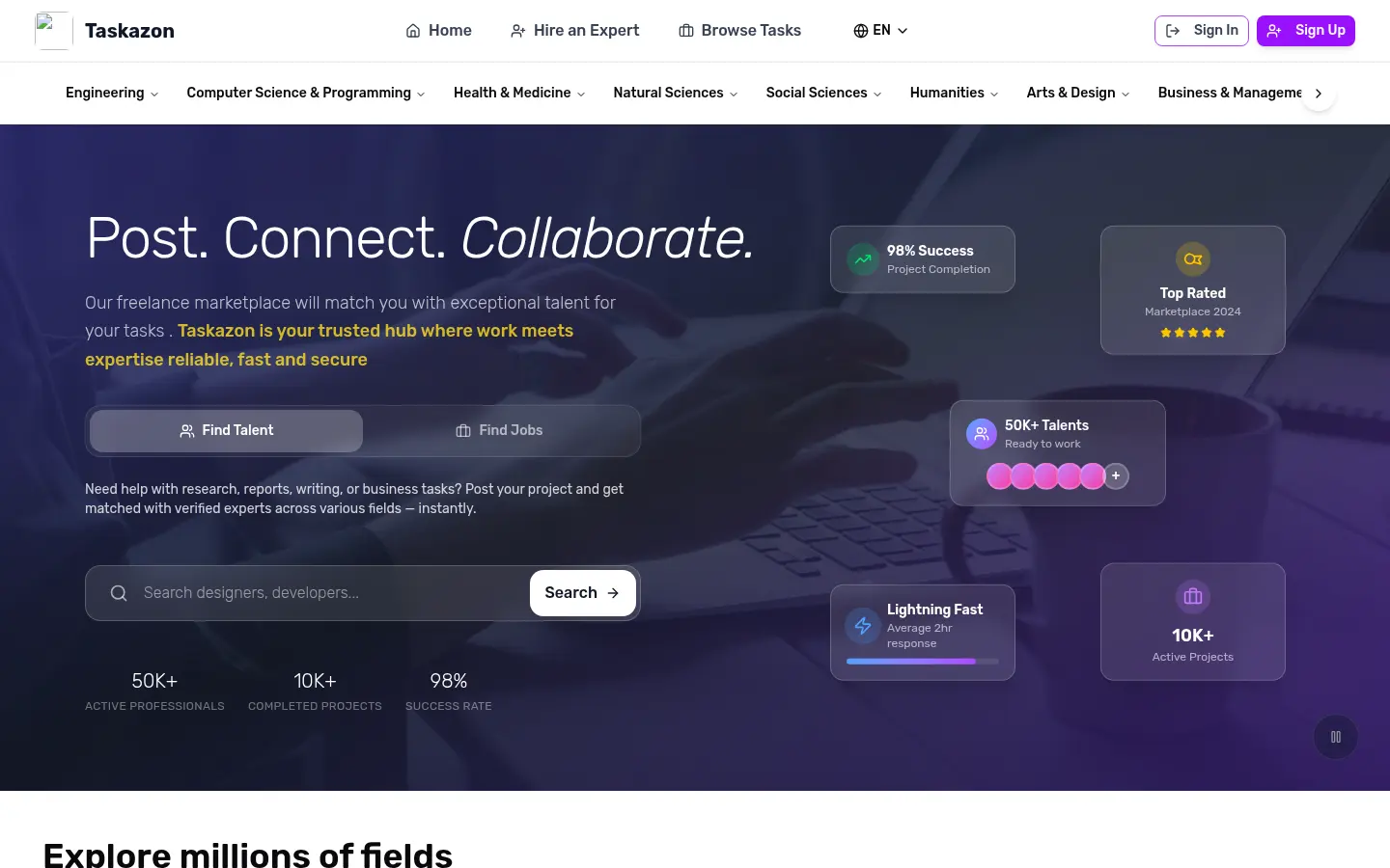 The Taskazon home page, with a bar of subject fields across the top and a search for talent below it.
