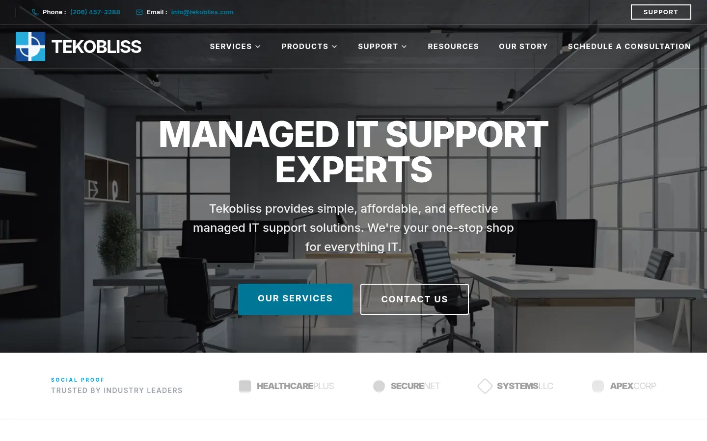 The Tekobliss home page, with a managed IT support headline and a row of service links in the navigation.